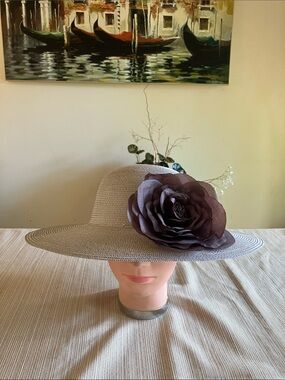 Elegant  Taupe Women's Wide-Brim Hat With Brown Organza Floral Accent